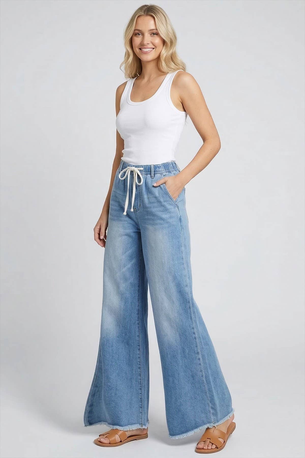 WIDE LEG DRAWSTRING DETAILED CASUAL JEANS W2440PIA