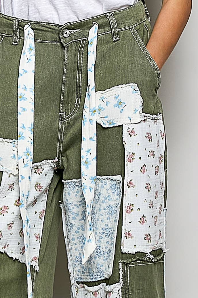 Patchwork Detail Denim Straight Fit Pants