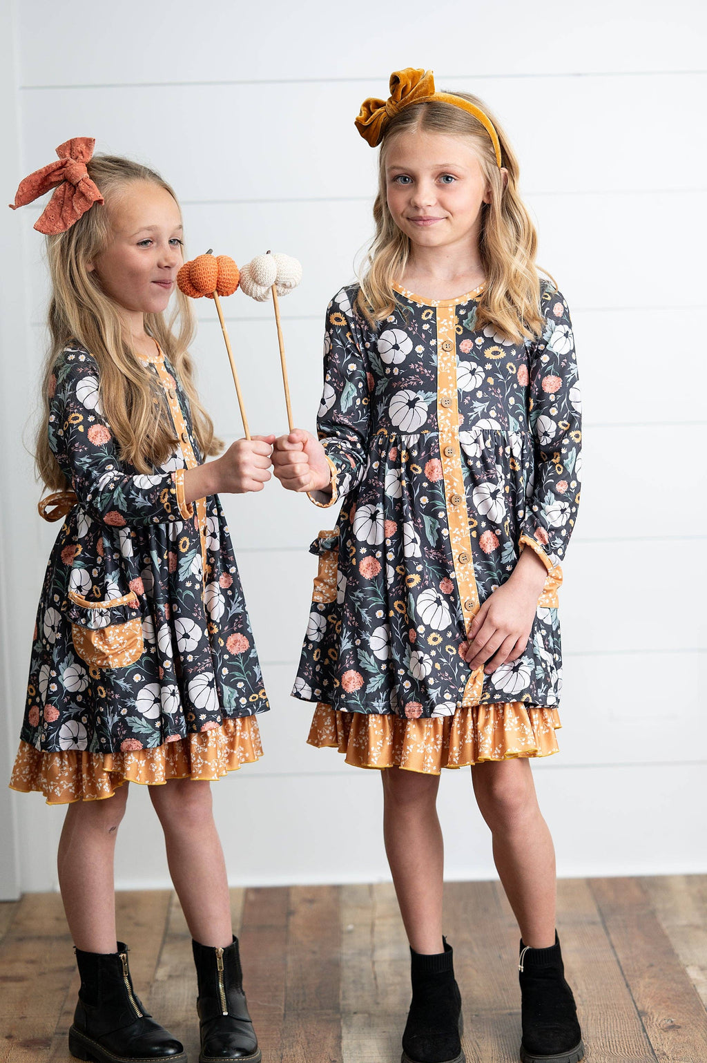 Girls Pumpkin Ruffle Pocket Button Tie Fall Dress