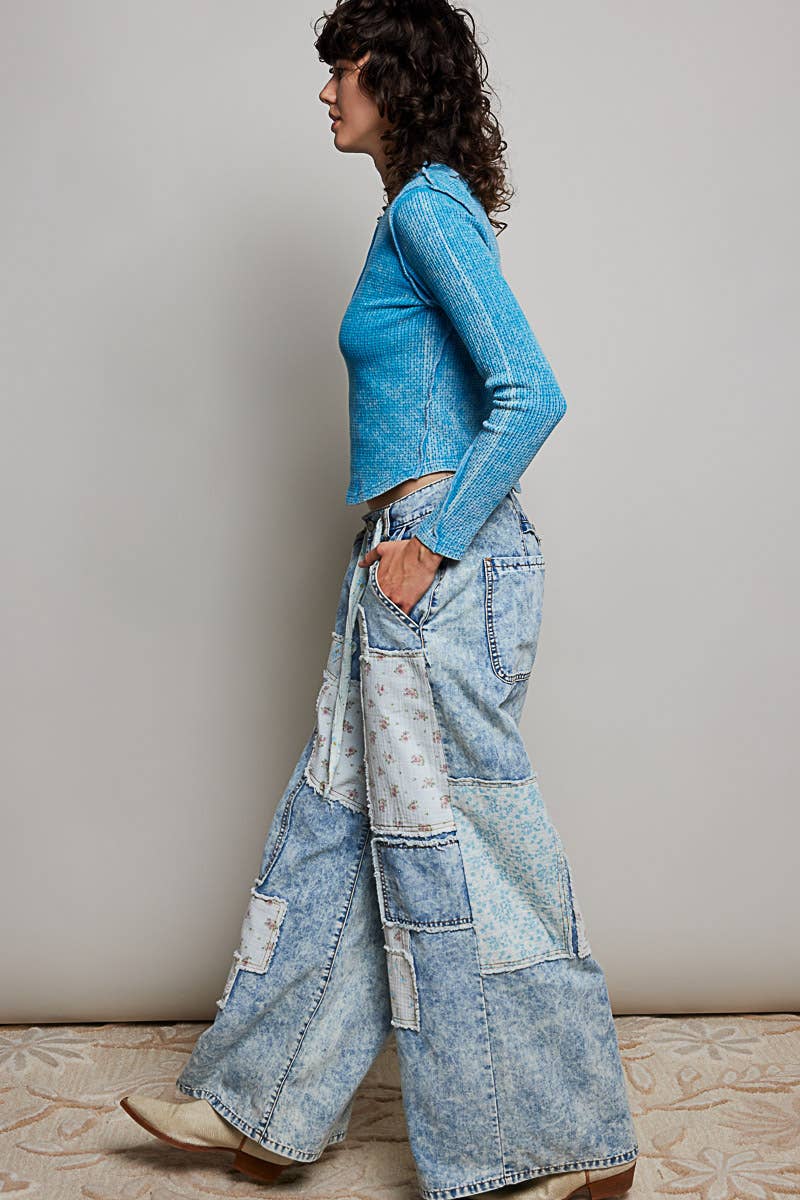 Patchwork Detail Denim Straight Fit Pants