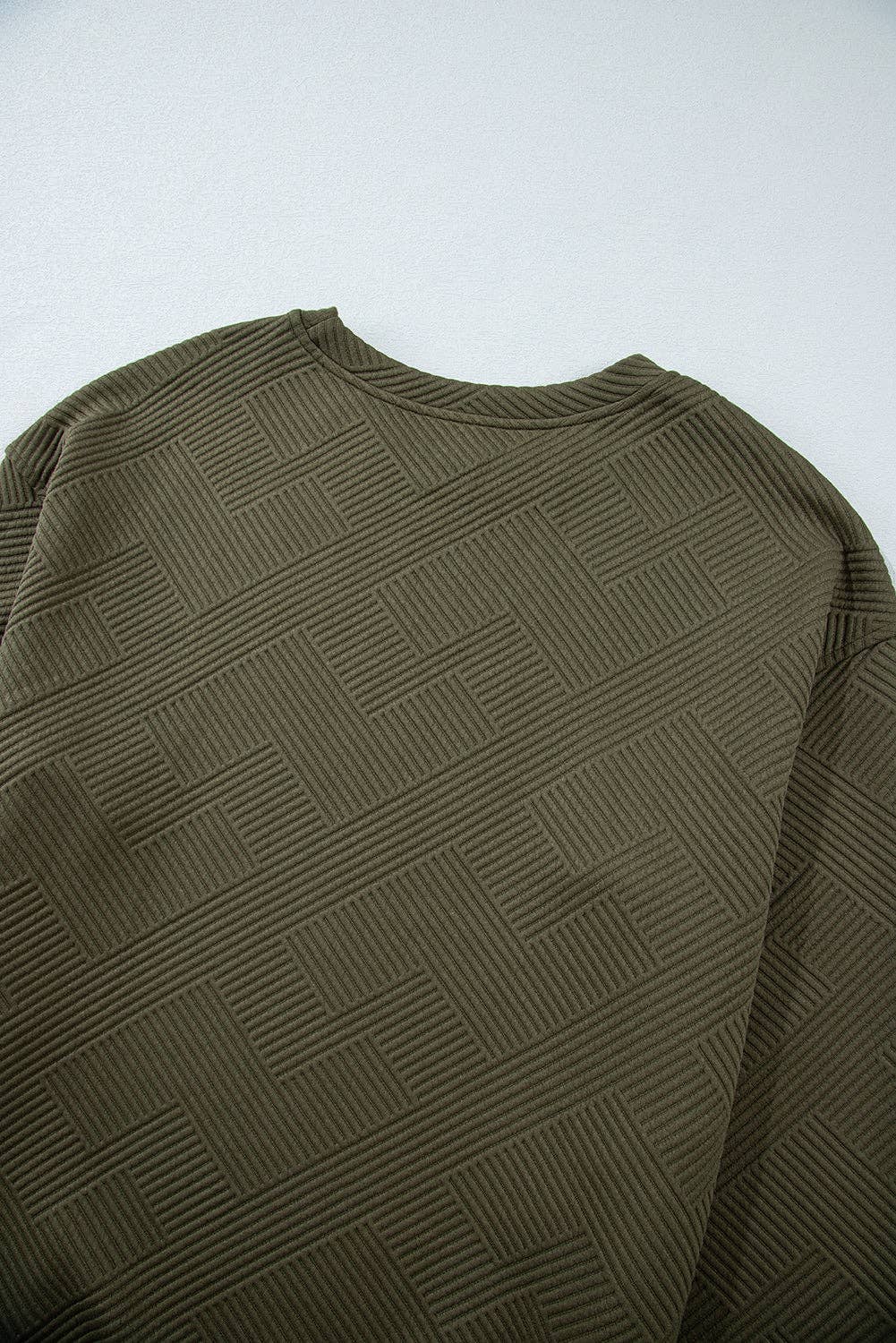Textured Round Neck Drop Shoulder Pullover Sweatshirt - 97%Polyester+3%Elastane