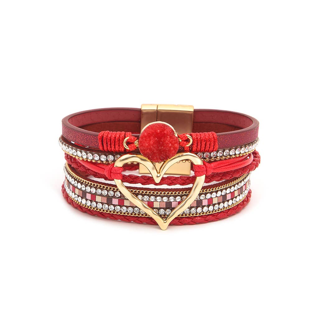 Boho Layered Heart Charm Rhinestone Magnetic Bracelet: Beige / Alloy / ONE SIZE
