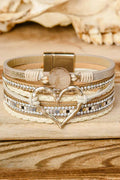 Boho Layered Heart Charm Rhinestone Magnetic Bracelet: Beige / Alloy / ONE SIZE