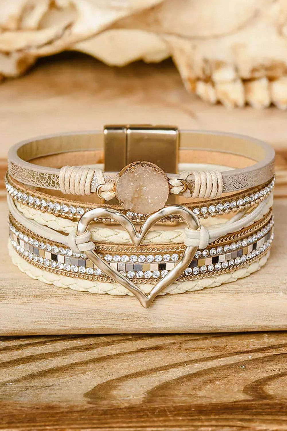 Boho Layered Heart Charm Rhinestone Magnetic Bracelet: Beige / Alloy / ONE SIZE