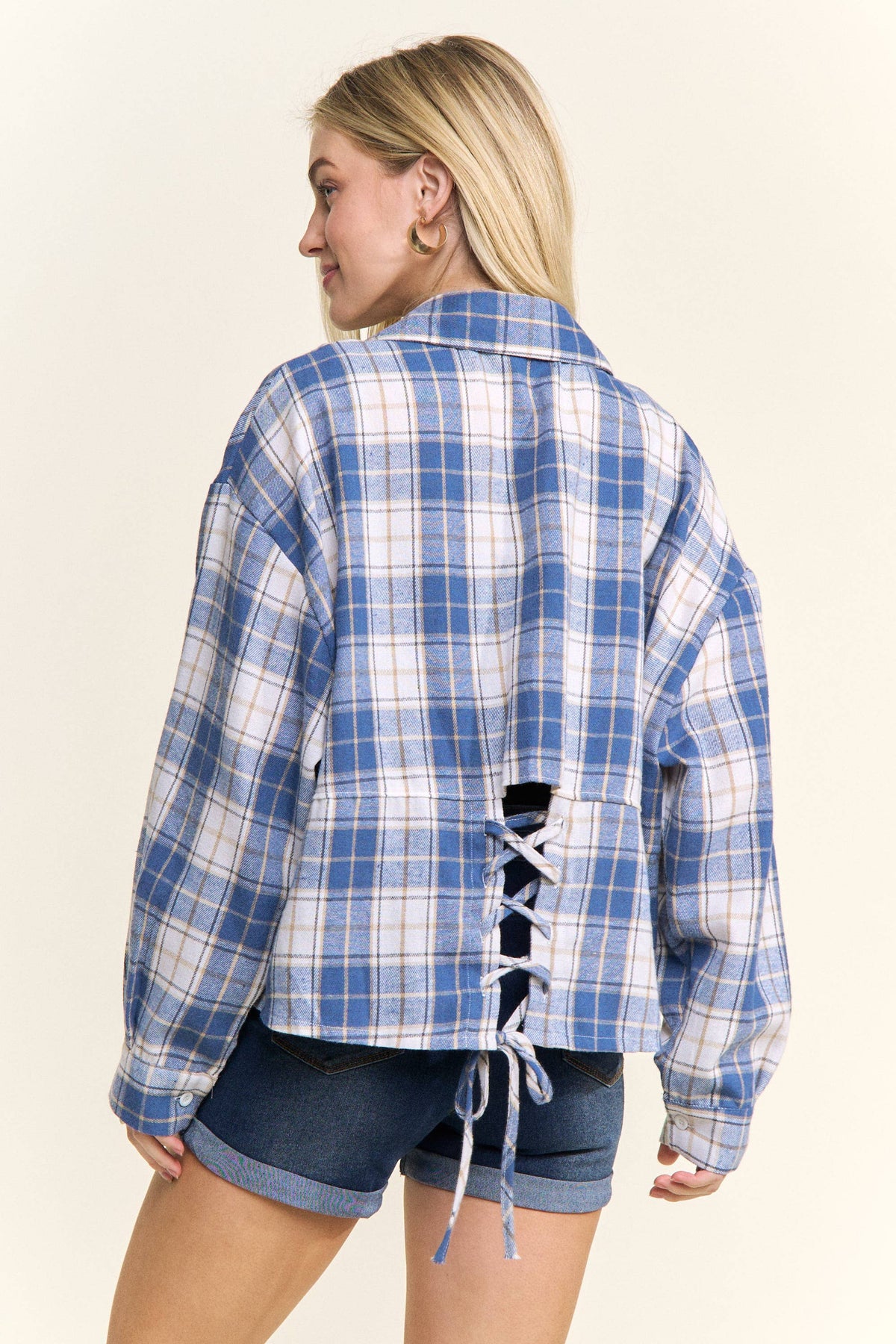 CROPPED PLAID LACE UP BACK SHIRT - CET4243: DENIM  BLUE / S-M-L(2-2-2)