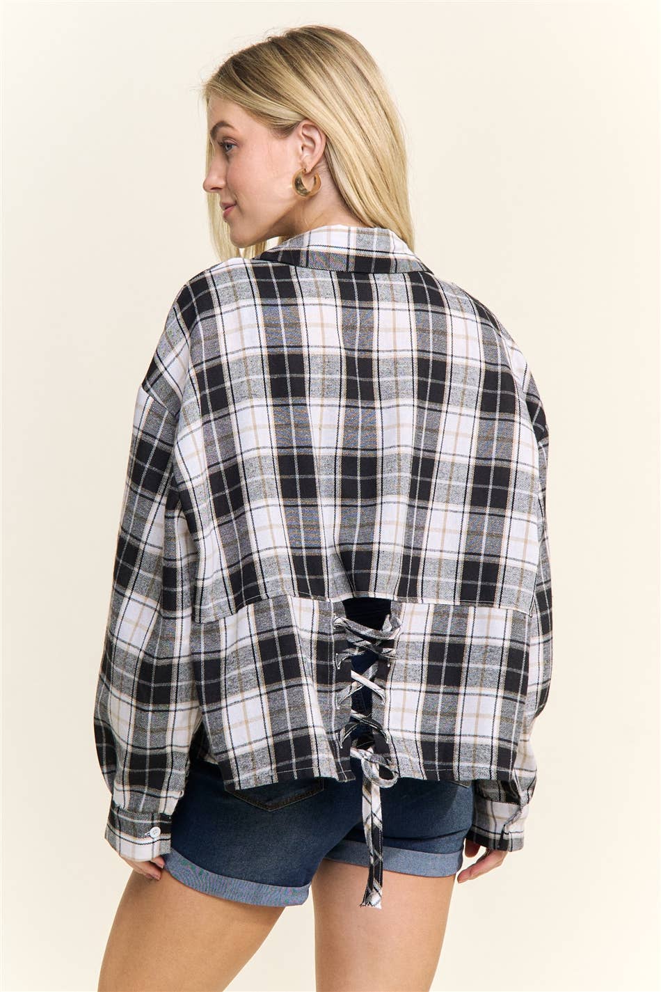 CROPPED PLAID LACE UP BACK SHIRT - CET4243: DENIM  BLUE / S-M-L(2-2-2)