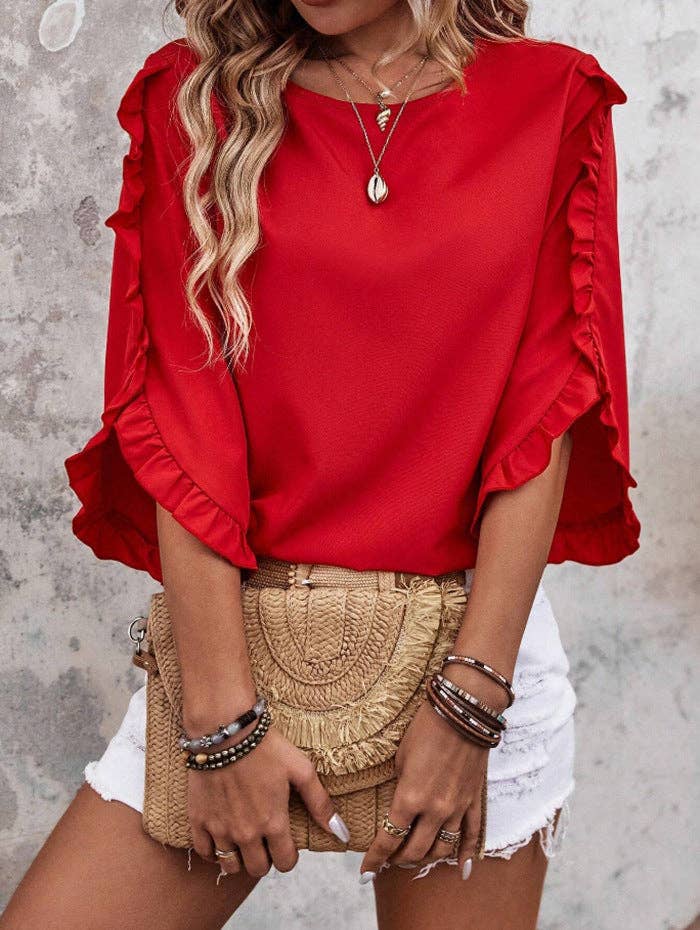 Summer Ruffle Loose Fit Sleeve Shirt - 95%+ Polyester