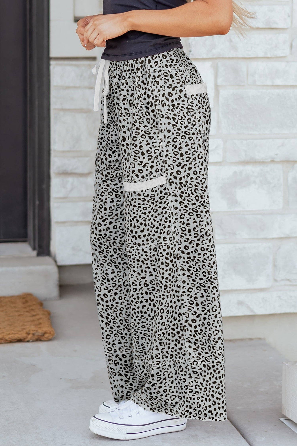 Animal Print Wide Leg Terry Knit Pants - 95% Polyester+5% Elastane
