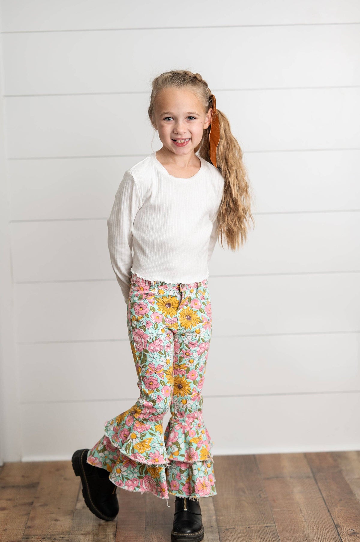 Kids Flower Double Ruffle Denim Jeans