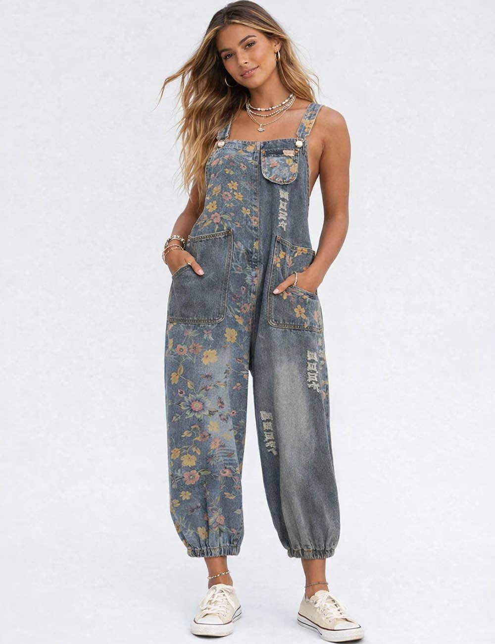 Ladies Boho Hippies Floral Sleeveless Baggy Harem Jumpsuit