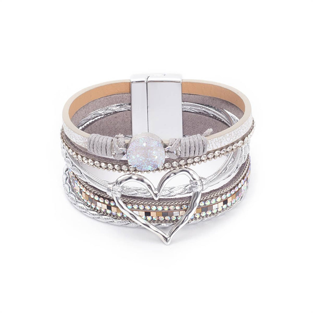Boho Layered Heart Charm Rhinestone Magnetic Bracelet: Beige / Alloy / ONE SIZE