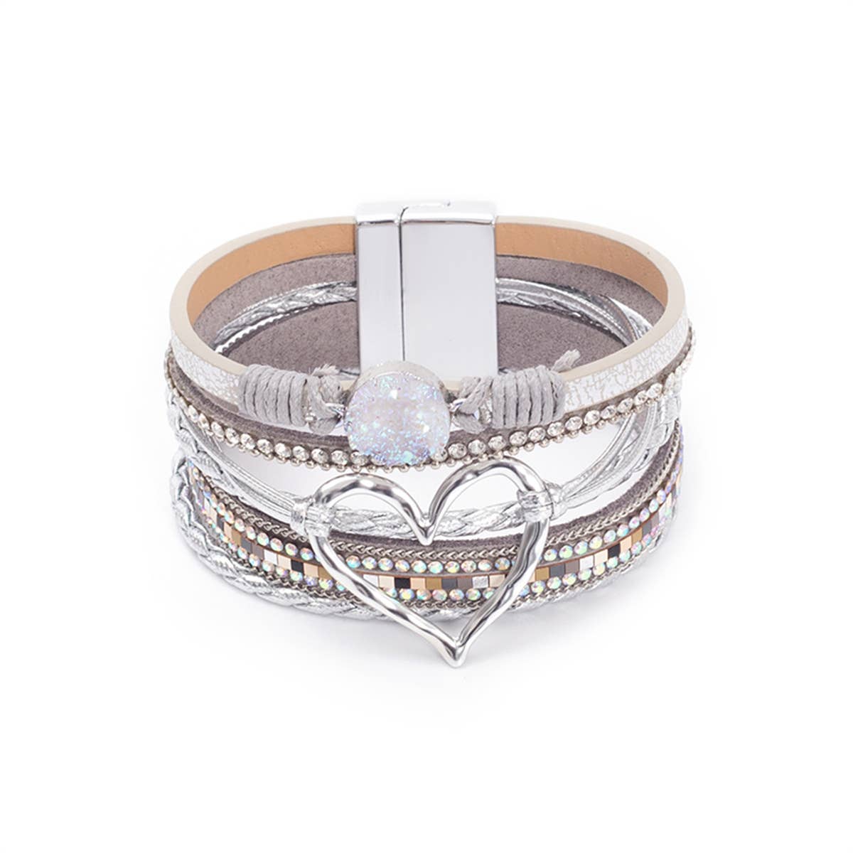 Boho Layered Heart Charm Rhinestone Magnetic Bracelet: Beige / Alloy / ONE SIZE