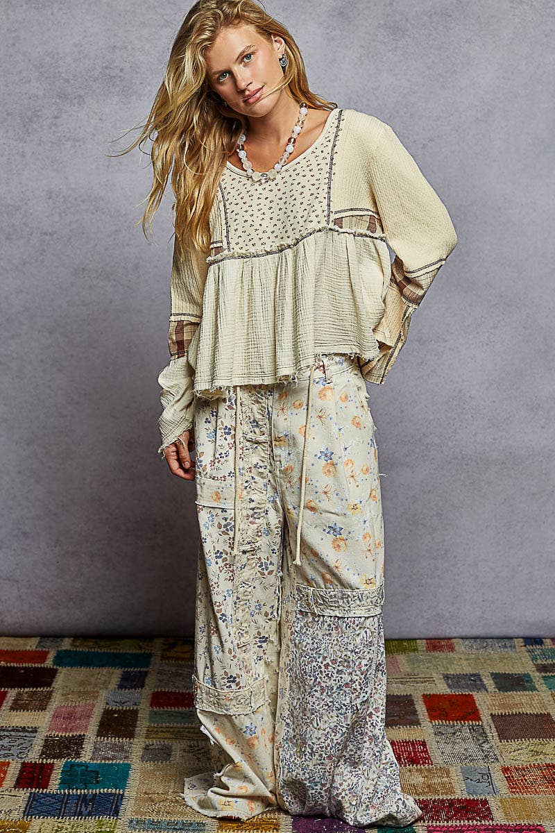 Long sleeve plaid contrast double gauze woven top