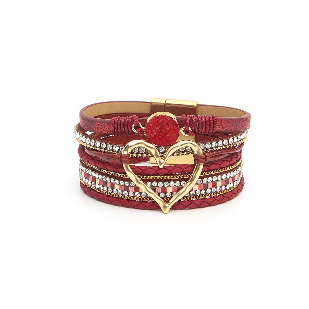 Boho Layered Heart Charm Rhinestone Magnetic Bracelet: Beige / Alloy / ONE SIZE