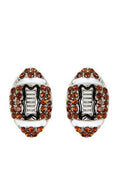 A pair of football-shaped stud earrings with a silver-tone base, black enamel detailing, and rows of round brown rhinestones on a plain white background.