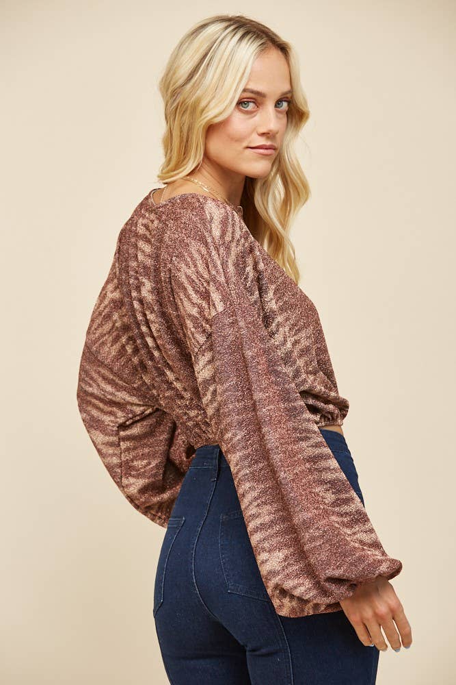 PRINTED CROPPED KNIT TOP BRONZE METALLIC 1485