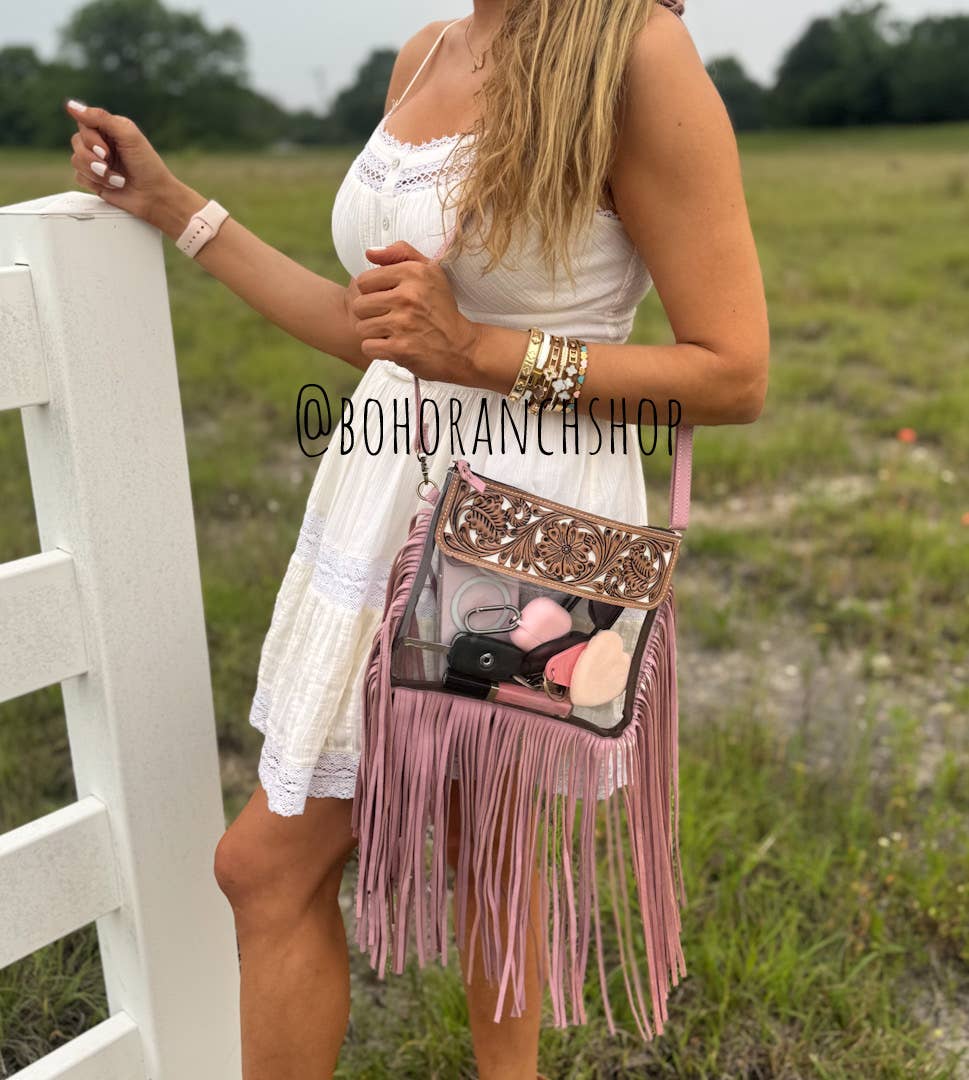 Hand Tooled Clear Purse Crossbody - Concert Game Day Stadium: WHITE/ BLACK