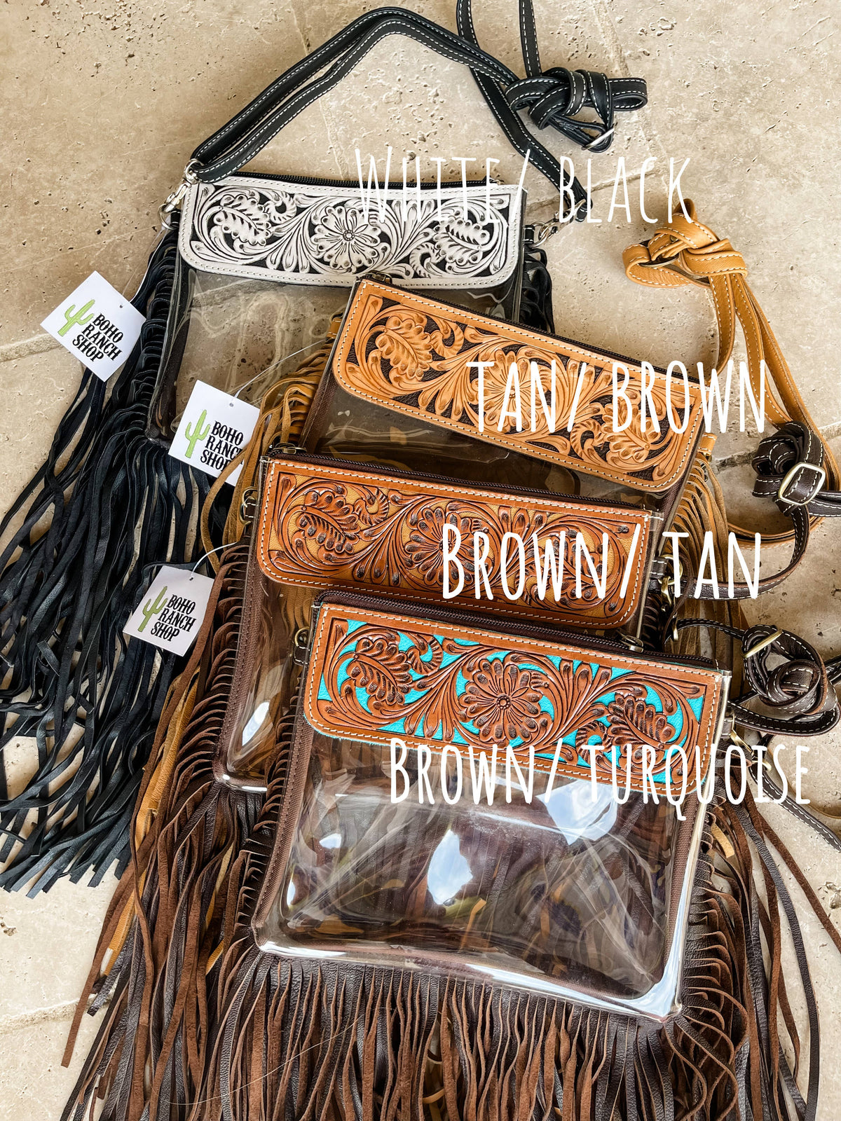 Hand Tooled Clear Purse Crossbody - Concert Game Day Stadium: WHITE/ BLACK