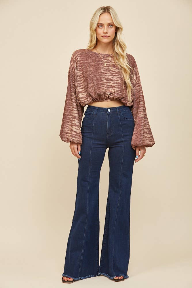PRINTED CROPPED KNIT TOP BRONZE METALLIC 1485
