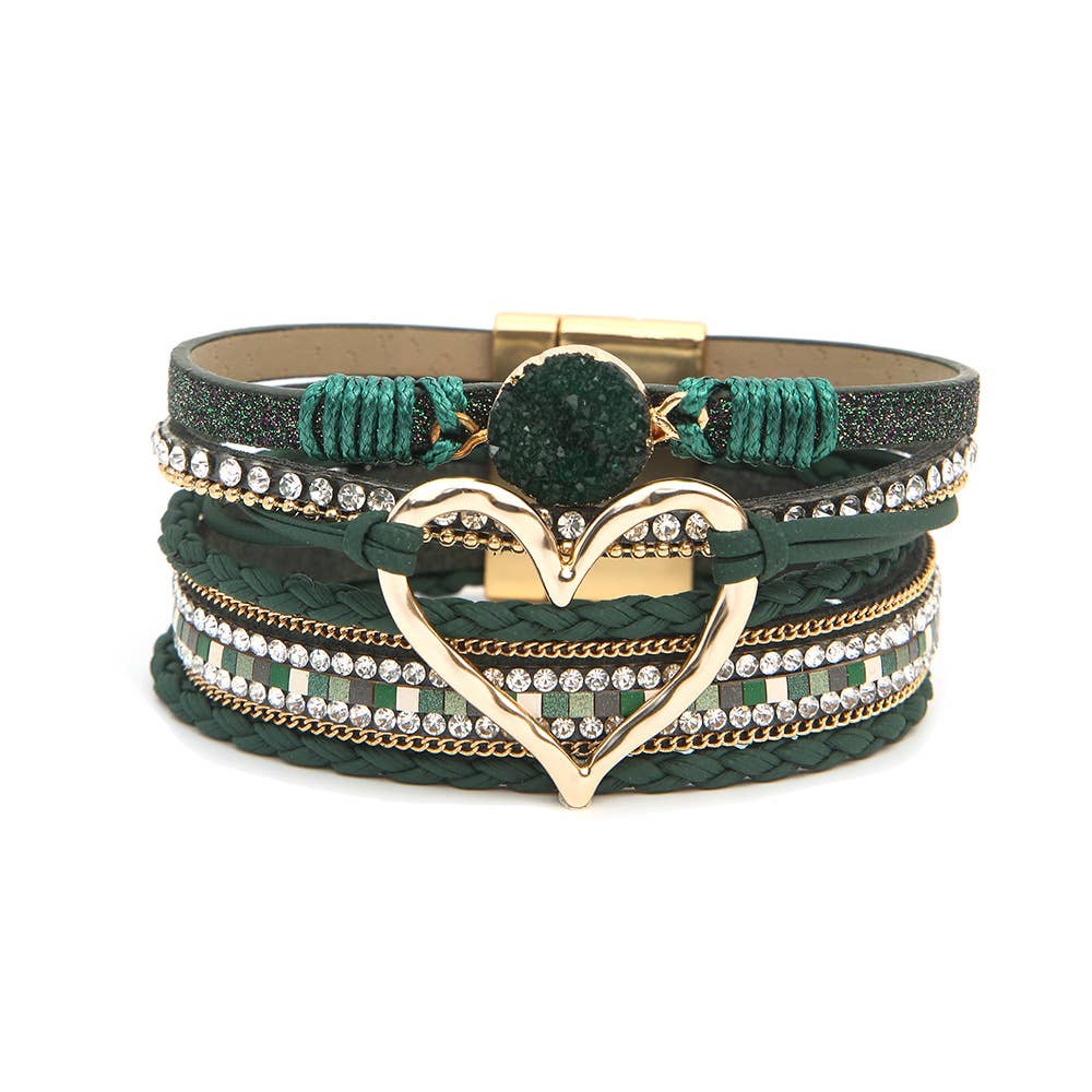 Boho Layered Heart Charm Rhinestone Magnetic Bracelet: Beige / Alloy / ONE SIZE