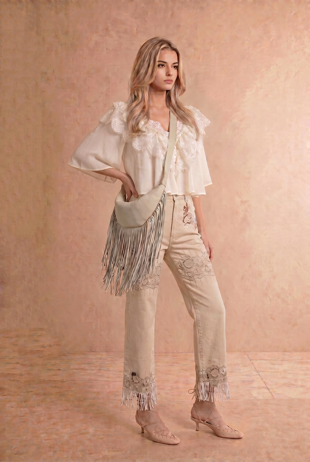 Chiffon Lace Shoulder Cape Like Crop Blouse Top