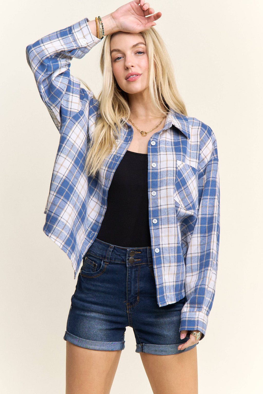 CROPPED PLAID LACE UP BACK SHIRT - CET4243: DENIM  BLUE / S-M-L(2-2-2)