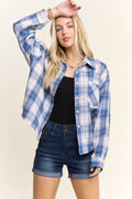 CROPPED PLAID LACE UP BACK SHIRT - CET4243: DENIM  BLUE / S-M-L(2-2-2)