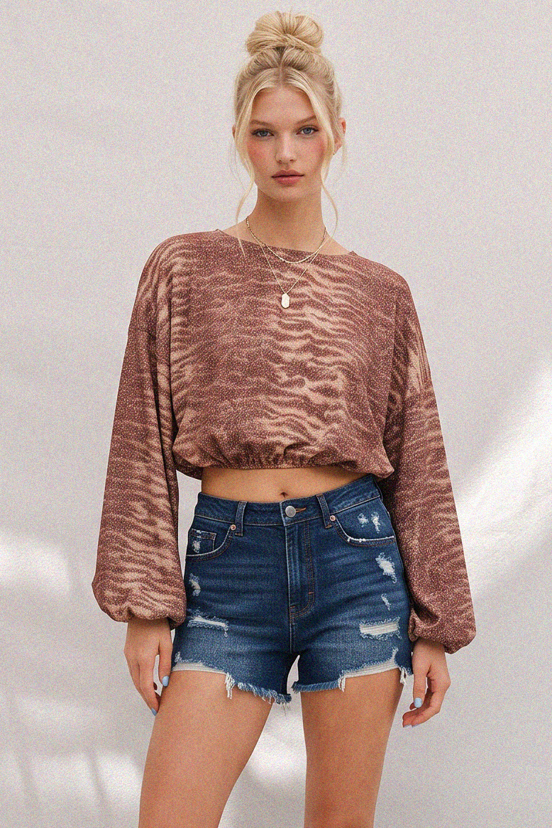PRINTED CROPPED KNIT TOP BRONZE METALLIC 1485