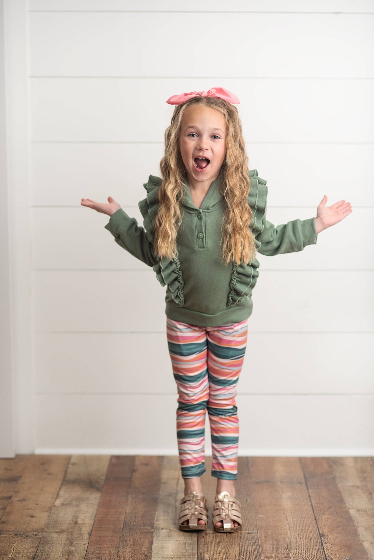 Kids Double Ruffle Button Hoodie & Stripe Leggings Set