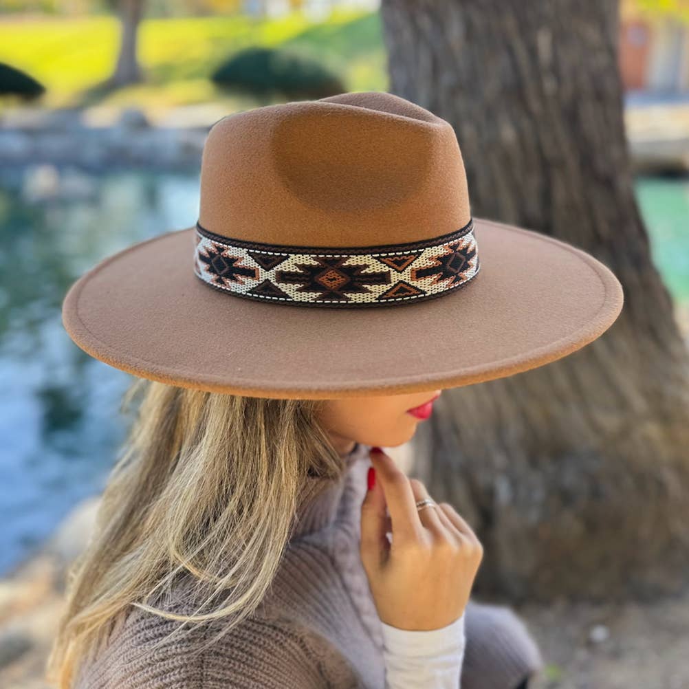 Camel Boho Fedora Hat – Western Aztec Styling Accessory: Camel / One Size