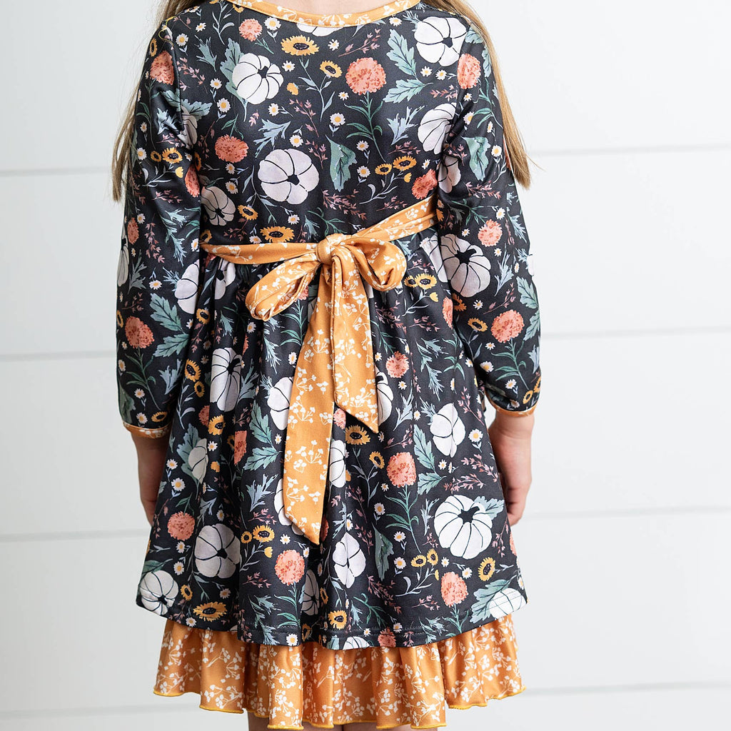 Girls Pumpkin Ruffle Pocket Button Tie Fall Dress