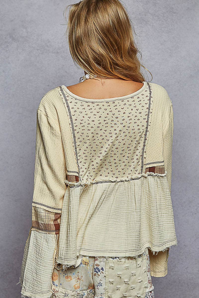 Long sleeve plaid contrast double gauze woven top