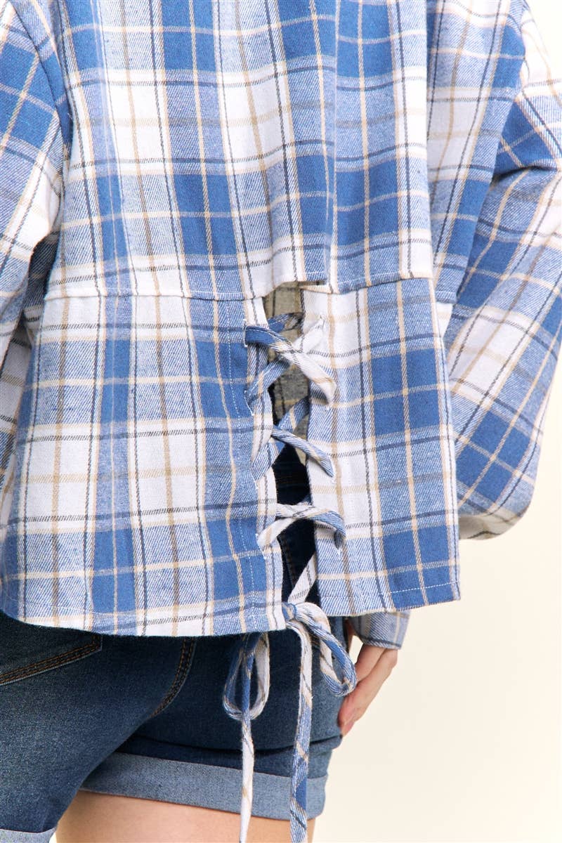 CROPPED PLAID LACE UP BACK SHIRT - CET4243: DENIM  BLUE / S-M-L(2-2-2)