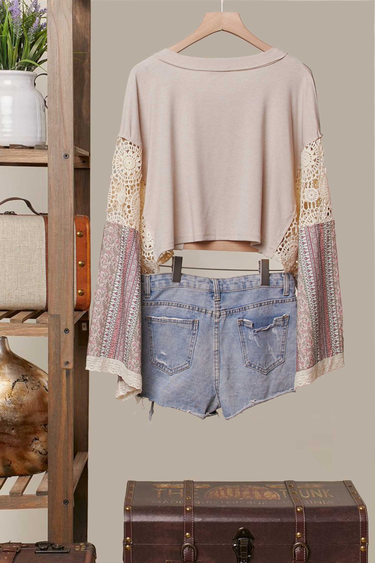 Lace and Patchwork Bell-Sleeve Crop Top